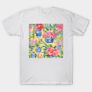 Pink peonies in blue and white chinoiserie jars on yellow background T-Shirt